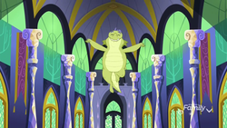 Size: 1920x1080 | Tagged: safe, screencap, sludge (g4), dragon, father knows beast, g4, architecture, ceiling, eyes closed, flying, hall, male, solo, twilight's castle, wings