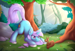 Size: 1280x877 | Tagged: safe, artist:d-sixzey, artist:dsixzey, oc, oc only, oc:lemon code, pony, squirrel, unicorn, acorn, commission, digital art, eye clipping through hair, face down ass up, female, forest, glasses, grass, mare, pink hair, pink mane, pink tail, rock, smiling, solo, tree, unshorn fetlocks, ych result