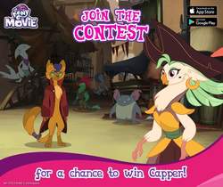 Size: 940x788 | Tagged: safe, gameloft, capper dapperpaws, captain celaeno, mullet (g4), abyssinian, parrot pirates, anthro, g4, my little pony: the movie, official, advertisement, beauty mark, chest fluff, clothes, coat, ear piercing, earnest klugetowner, earring, facebook, female, hat, jewelry, klugetown, male, my little pony logo, piercing, pirate, pirate hat, toothy klugetowner, unnamed character, unnamed klugetowner