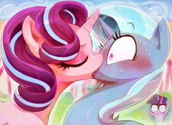 Size: 1162x848 | Tagged: dead source, safe, artist:sunibee, starlight glimmer, trixie, twilight sparkle, alicorn, pony, unicorn, g4, blushing, clopfic in the comments, duo focus, eyes closed, eyeshadow, female, french kiss, jealous, kiss on the lips, kissing, lesbian, lipstick, makeup, mare, ship:startrix, shipping, shocked, story in the comments, surprise kiss, sweat, twilight sparkle (alicorn), wide eyes