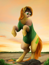 Size: 750x1000 | Tagged: safe, artist:geoffrey mcdermott, carrot top, golden harvest, earth pony, pony, g4, carrot, clothes, digital painting, female, field, food, human to pony, looking down, mare, mid-transformation, open mouth, outdoors, oversized clothes, oversized shirt, pants, shirt, solo, standing, transformation