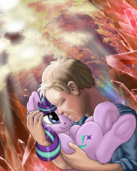 Size: 1360x1700 | Tagged: safe, artist:manifest harmony, starlight glimmer, human, pony, fanfic:the maretian, g4, cave, clopfic in source, crossover, crossover shipping, crystal, crystal caverns, cute, explicit source, fanfic art, glimmerbetes, heart, heart eyes, heart nostrils, hug, human on pony snuggling, interspecies, mark watney, shipping, snuggling, the martian, wingding eyes