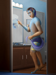 Size: 750x1000 | Tagged: safe, artist:geoffrey mcdermott, minuette, human, pony, unicorn, bathroom, clothes, doorway, human to pony, looking down, male to female, mirror, open mouth, rule 63, sink, solo, standing, tail hold, toothbrush, transformation, transgender transformation, underwear