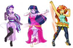 Size: 4762x3128 | Tagged: safe, artist:danmakuman, edit, editor:backgroundlol, starlight glimmer, sunset shimmer, twilight sparkle, equestria girls, armpits, boots, cheongsam, clothes, commission, costume, counterparts, cutie mark accessory, dress, female, gloves, high heel boots, high res, looking at you, magical trio, non-shipping, open mouth, pantyhose, raised leg, shoes, simple background, smiling, socks, stockings, thigh highs, trio, twilight's counterparts, white background
