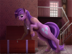 Size: 1000x750 | Tagged: safe, artist:geoffrey mcdermott, amethyst star, sparkler, pony, unicorn, g4, casual nudity, chest, grandfather clock, horn, human to pony, indoors, jewelry, leaning, looking down, mid-transformation, necklace, nudity, pendant, smiling, solo, staircase, transformation