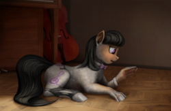 Size: 1000x650 | Tagged: safe, artist:geoffrey mcdermott, octavia melody, earth pony, pony, g4, bowtie, cello, clothes, crying, digital painting, female, human to pony, indoors, mare, mid-transformation, musical instrument, piano, prone, raised hoof, ripping clothes, skirt, solo, stockings, thigh highs, transformation, watch, wristwatch