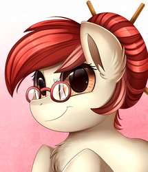 Size: 1722x2003 | Tagged: safe, artist:pridark, oc, oc only, earth pony, pony, bust, female, glasses, gradient background, hair bun, mare, smiling