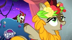 Size: 1280x720 | Tagged: safe, screencap, cinder glow, fall flower, summer flare, kirin, g4, sounds of silence, a kirin tale, background kirin, duo, female, floating heart, floral head wreath, flower, heart, phantom of the opera, raised hoof, singing, song reference, underhoof, youtube link in the description, youtube thumbnail