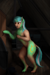 Size: 667x1000 | Tagged: safe, artist:geoffrey mcdermott, lyra heartstrings, human, pony, unicorn, g4, attic, casual nudity, dark, hand on chest, human to pony, indoors, mid-transformation, nudity, open mouth, solo, standing, transformation