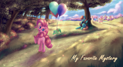 Size: 4196x2292 | Tagged: safe, artist:stratodraw, gummy, pinkie pie, oc, earth pony, pony, g4, acoustic guitar, balloon, female, forest, guitar, male, mare, musical instrument, ponyville, smiling, stallion, tree