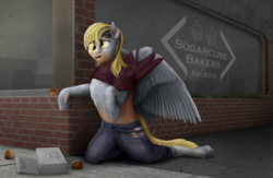Size: 1000x650 | Tagged: safe, artist:geoffrey mcdermott, derpy hooves, pegasus, pony, g4, bakery, box, clothes, denim, derpy day, derpy day 2018, food, human to pony, jeans, kneeling, mid-transformation, muffin, pants, ripped, ripped jeans, ripped pants, ripped shirt, ripping clothes, shirt, socks, solo, torn clothes, transformation