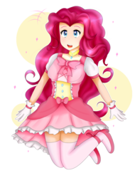 Size: 2173x2863 | Tagged: safe, artist:cosmiickatie, pinkie pie, equestria girls, g4, clothes, cute, dress, female, high heels, high res, human coloration, jewelry, one eye closed, open mouth, shoes, simple background, skirt, socks, solo, thigh highs, transparent background