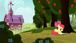 Size: 1920x1080 | Tagged: safe, screencap, apple bloom, earth pony, pony, g4, marks for effort, apple, apple tree, book, female, filly, flower, food, prone, reading, solo, sweet apple acres, tree