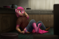 Size: 1000x664 | Tagged: safe, artist:geoffrey mcdermott, pinkie pie, earth pony, pony, g4, clothes, counter, frog (hoof), human to pony, kitchen, mid-transformation, open mouth, pants, pots, ripping clothes, shirt, shoes, sitting, solo, transformation, underhoof
