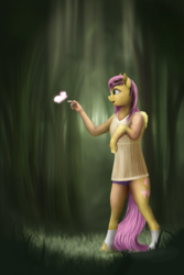 Size: 666x1000 | Tagged: safe, artist:geoffrey mcdermott, fluttershy, butterfly, pegasus, pony, g4, bipedal, clothes, dress, forest, glowing, human to pony, mid-transformation, reaching, ripping clothes, shirt, socks, solo, standing, transformation, underwear