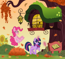 Size: 1400x1270 | Tagged: safe, artist:pink-pone, pinkie pie, twilight sparkle, earth pony, pony, unicorn, g4, autumn, duo, female, golden oaks library, horn, leaf, magic, mare, pointy horn, rake, telekinesis, unicorn twilight