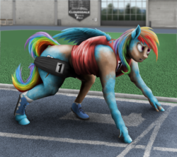 Size: 1000x888 | Tagged: safe, artist:geoffrey mcdermott, rainbow dash, pegasus, pony, g4, all fours, clothes, human to pony, male to female, mid-transformation, open mouth, rainbow dash day, ripping clothes, rule 63, runner, running track, shirt, shoes, shorts, solo, story included, transformation, transgender transformation