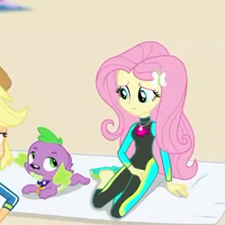 Size: 301x301 | Tagged: safe, screencap, applejack, fluttershy, spike, spike the regular dog, dog, equestria girls, equestria girls specials, g4, my little pony equestria girls: better together, my little pony equestria girls: forgotten friendship, clothes, cropped, feet, female, flip-flops, geode of fauna, offscreen character, paws, sandals, swimsuit