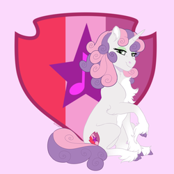 Size: 1800x1800 | Tagged: safe, artist:shimazun, sweetie belle, pony, unicorn, g4, chest fluff, cloven hooves, colored hooves, cutie mark, cutie mark background, female, lidded eyes, mare, older, older sweetie belle, pale belly, purple background, simple background, sitting, smiling, solo, sweetie belle's cutie mark, the cmc's cutie marks, unshorn fetlocks