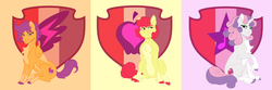 Size: 5400x1800 | Tagged: safe, artist:shimazun, apple bloom, scootaloo, sweetie belle, earth pony, pegasus, pony, unicorn, g4, alternate hairstyle, chest fluff, cloven hooves, colored hooves, cutie mark, cutie mark background, cutie mark crusaders, female, mare, older, older apple bloom, older scootaloo, older sweetie belle, pale belly, smiling, the cmc's cutie marks, unshorn fetlocks, wing fluff