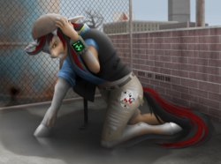 Size: 1000x743 | Tagged: safe, artist:geoffrey mcdermott, oc, oc only, oc:blackjack, pony, unicorn, fallout equestria, fallout equestria: project horizons, baseball cap, boston, cap, clothes, crossover, fallout, fallout 4, fanfic art, fence, gritted teeth, hand on head, hat, human to pony, jacket, kneeling, mid-transformation, pipboy, radiation, ripping clothes, shirt, shorts, sole survivor, solo, transformation, wall