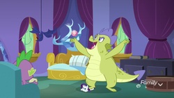 Size: 1920x1080 | Tagged: safe, screencap, rarity, sludge (g4), spike, dragon, father knows beast, g4, bedroom, book, crush plush, drawer, male, plushie, rarity plushie, stepping on something, stomping, window, winged spike, wings
