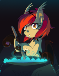 Size: 1600x2048 | Tagged: safe, artist:spookyle, oc, oc only, oc:pumpkin spell, bat pony, hippogriff, hybrid, bat pony oc, cauldron, female, halloween, hippogriff oc, holiday, solo