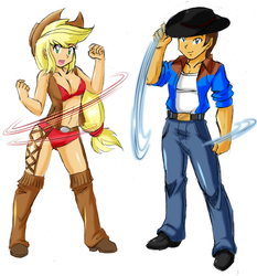 Size: 2048x2201 | Tagged: safe, artist:danmakuman, edit, applejack, caramel, human, equestria girls, g4, bikini, breasts, cleavage, clothes, costume, cowboy, cowgirl, equestria girls-ified, female, hat, high res, male, pants, ship:carajack, shipping, shirt, simple background, straight, white background
