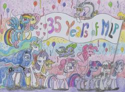 Size: 2474x1825 | Tagged: safe, artist:nephilim rider, applejack, discord, fluttershy, pinkie pie, princess celestia, princess luna, rainbow dash, rarity, spike, starlight glimmer, twilight, twilight sparkle, oc, oc:heaven lost, alicorn, pony, g4, 35th anniversary, anniversary, balloon, happy birthday mlp:fim, traditional art, twilight sparkle (alicorn)