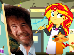 Size: 1011x758 | Tagged: safe, sunset shimmer, equestria girls, g4, my little pony equestria girls: summertime shorts, the art of friendship, art class, bob ross, classroom, painting, sunset's painting, the tables have turned