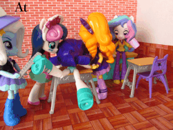 Size: 672x504 | Tagged: safe, artist:whatthehell!?, adagio dazzle, bon bon, princess celestia, principal celestia, rarity, sweetie drops, trixie, human, equestria girls, g4, animated, ass, butt, chair, classroom, clothes, cup, desk, doll, equestria girls minis, hat, irl, merchandise, photo, running, running in place, school, skirt, spanking, theme park, toy
