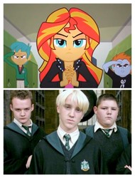 Size: 3106x4096 | Tagged: safe, edit, screencap, snails, snips, sunset shimmer, human, equestria girls, g4, my little pony equestria girls, comparison, draco malfoy, gregory goyle, harry potter (series), salute, vincent crabbe