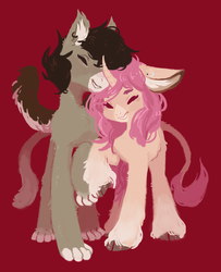 Size: 1280x1576 | Tagged: safe, artist:aphphphphp, oc, oc only, oc:tarot, oc:xor, classical unicorn, pony, sphinx, unicorn, cloven hooves, colored paws, couple, cuddling, cute, ear piercing, female, floppy ears, fluffy, hooves, horn, interspecies, leonine tail, long tail, male, mare, oc x oc, piercing, red background, romantic, shipping, simple background, smiling, snuggling, sphinx oc, straight, taror, unshorn fetlocks, wings