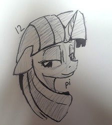 Size: 773x862 | Tagged: safe, artist:post-it, twilight sparkle, pony, g4, bust, female, floppy ears, ink drawing, inktober, lidded eyes, looking away, mare, monochrome, simple background, sketch, smiling, solo, traditional art, white background