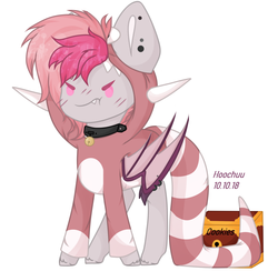 Size: 2508x2447 | Tagged: safe, artist:hoochuu, oc, oc only, oc:candy quartz, bat pony, pony, bat pony oc, blushing, clothes, collar, costume, cute, ear piercing, fangs, female, high res, mare, monster, piercing, pouting, simple background, solo, treasure chest, two toned mane, weapons-grade cute, ych result