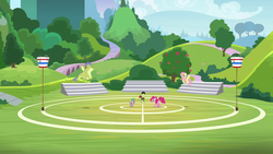 Size: 1280x720 | Tagged: safe, screencap, fluttershy, granny smith, pinkie pie, sludge (g4), spike, dragon, earth pony, pegasus, pony, father knows beast, g4, buckball, buckball court, female, flying, male, mare, referee, whistle