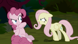 Size: 1229x688 | Tagged: safe, screencap, mean fluttershy, mean pinkie pie, earth pony, pegasus, pony, g4, the mean 6, clone, duo, female, laughing, mare