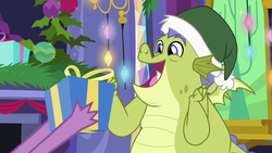 Size: 1280x720 | Tagged: safe, screencap, sludge (g4), spike, dragon, father knows beast, g4, christmas, greed, hat, holiday, male, open mouth, present, santa hat, solo focus