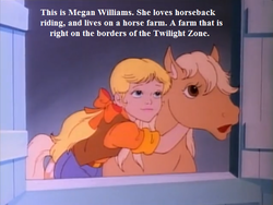 Size: 576x432 | Tagged: safe, edit, edited screencap, editor:korora, screencap, megan williams, tj, horse, human, g1, rescue at midnight castle, barn, bow, clothes, cropped, female, hair bow, mare, text, the twilight zone, vest