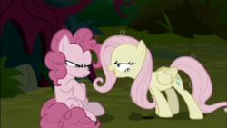 Size: 1249x702 | Tagged: safe, screencap, mean fluttershy, mean pinkie pie, earth pony, pegasus, pony, g4, the mean 6, angry, bully, bullying, clone, duo, evil laugh, female, flutterbitch, laughing, mare, narrowed eyes, sitting, unamused