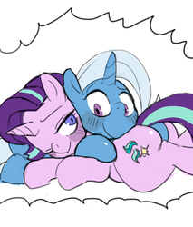Size: 1190x1400 | Tagged: safe, artist:baigak, starlight glimmer, trixie, pony, unicorn, g4, blushing, female, lesbian, looking at each other, lying down, one eye closed, ship:startrix, shipping, smiling