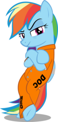 Size: 552x1160 | Tagged: safe, artist:spellboundcanvas, rainbow dash, pony, g4, bound wings, clothes, crossed hooves, female, prison, prison outfit, prisoner, prisoner rd, raised eyebrow, shank, simple background, solo, transparent background, weapon