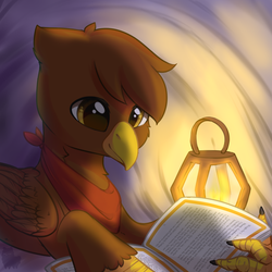 Size: 2500x2500 | Tagged: safe, artist:alphadesu, oc, oc only, griffon, book, commission, digital art, folded wings, high res, lamp, lantern, male, reading, sitting, smiling, solo, wings, ych result