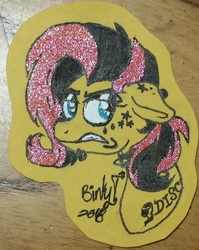 Size: 1836x2311 | Tagged: safe, artist:binkyt11, derpibooru exclusive, fluttershy, pony, g4, choker, chokershy, eye contact, fangs, female, fluttergoth, glitter, implied discord, looking at each other, piercing, solo, spiked choker, tattoo, traditional art