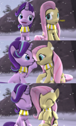 Size: 500x827 | Tagged: safe, artist:flushthebatsanta, fluttershy, starlight glimmer, pegasus, pony, unicorn, g4, 3d, boop, clothes, cute, duo, eyes closed, female, glimmerbetes, mare, open mouth, raised hoof, scarf, shyabetes, sitting, smiling, snow, snowfall, source filmmaker, text