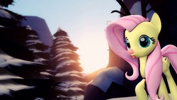 Size: 1920x1080 | Tagged: safe, artist:flushthebatsanta, fluttershy, pegasus, pony, g4, 3d, female, mare, raised hoof, red nose, smiling, snow, solo, source filmmaker, tongue out, tree
