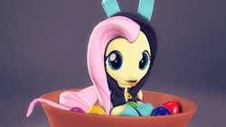 Size: 1920x1080 | Tagged: safe, artist:flushthebatsanta, fluttershy, pegasus, pony, g4, 3d, :p, bowl, bunny ears, clothes, costume, cute, dangerous mission outfit, easter, easter egg, female, holiday, hoodie, looking at you, mare, prone, shyabetes, silly, simple background, smiling, solo, source filmmaker, tongue out