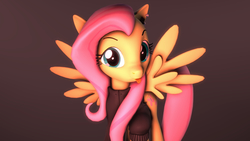 Size: 3840x2160 | Tagged: safe, artist:flushthebatsanta, fluttershy, pegasus, pony, g4, 3d, clothes, female, high res, hoodie, looking at you, mare, simple background, solo, source filmmaker, spread wings, tongue out, wings