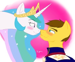 Size: 1200x1000 | Tagged: safe, artist:sipioc, princess celestia, oc, oc:baked bean, pony, fanfic:this nose knows, g4, blushing, boop, canon x oc, fanfic, fanfic art, fanfic cover, female, jewelry, male, mare, noseboop, stallion, tiara