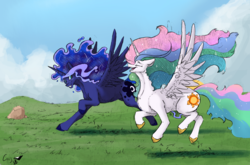 Size: 3428x2261 | Tagged: safe, artist:greyscaleart, princess celestia, princess luna, alicorn, pony, constellation freckles, cute, cutelestia, eyes closed, female, greyscaleart is trying to murder us, lunabetes, majestic as fuck, mare, missing accessory, royal sisters, running, signature, smiling
